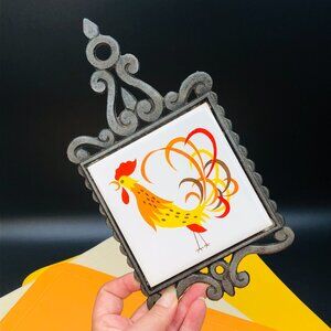 Midcentury Rooster Cast Iron Ceramic Tile Trivet Vintage Country Kitchen Decor